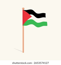 A simple, minimalist illustration of the Palestinian flag waving on a pole. This vector art symbolizes national pride, solidarity, and support. Isolated graphic for various design uses