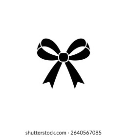 Simple, minimalist illustration showcases a solid black ribbon bow tie isolated against a crisp white backdrop. Great for fashion, events, design. Vector available.
