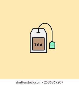 A simple, minimalist illustration of a tea bag with a brown label, green tag, and beige background.