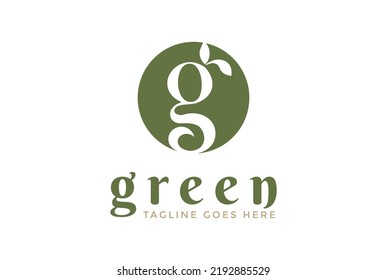 Letra inicial simple y minimalista G para árbol de plantas de hojas verdes o spa Yoga Wellness Herb Cosmético diseño