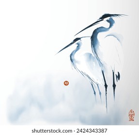 Simple minimalist ink wash painting of of two herons in blue mist. Traditional oriental ink painting sumi-e, u-sin, go-hua. Translation of hieroglyph - zen.