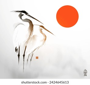 Simple minimalist ink wash painting of of two herons in the mist and big red sun, symbol of Japan. Traditional oriental ink painting sumi-e, u-sin, go-hua. Translation of hieroglyph - eternity.