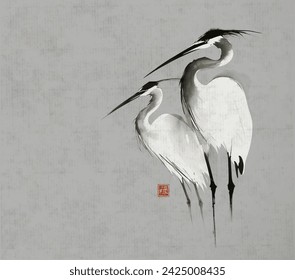 Simple minimalist ink wash painting of of two herons on grey  background. Traditional oriental ink painting sumi-e, u-sin, go-hua. Translation of hieroglyph - well-being.