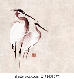 Simple minimalist ink wash painting of of two herons on vintage background. Traditional oriental ink painting sumi-e, u-sin, go-hua. Translation of hieroglyph - well-being.