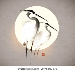 Simple minimalist ink wash painting of of two herons and the moon. Traditional oriental ink painting sumi-e, u-sin, go-hua. Translation of hieroglyph - well-being.