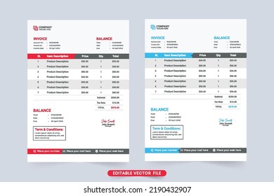 Diseño minimalista de factura simple de color rojo y azul. Información comercial y vector de decoración de recibos de compra. Plantilla de factura y diseño de recepción de efectivo con secciones de acuerdos de pago.