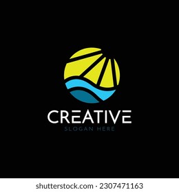 simple and minimalist landscape sea, sun with wave suitable for icon travel and hotel logo