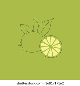 Simple Minimalist Lime Line Vector Drawing on Green. Citrus Logo, Icon Design
