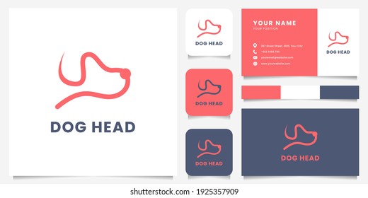 Simple and minimalist line art dog head logo with business card, icon, and color palette