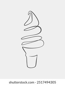 A simple minimalist line art drawing of a soft serve ice cream cone in black on a light background.