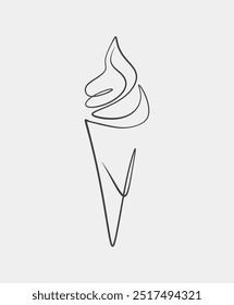 A simple minimalist line art drawing of a soft serve ice cream cone in black on a light background.