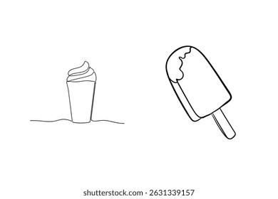 Simples desenhos de arte de linha minimalista de um sorvete de serviço macio e um picolé no branco