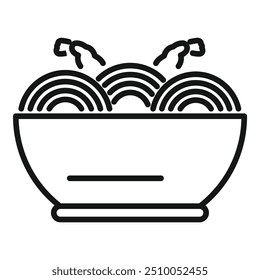 Simple and minimalist line art icon of a steaming bowl of ramen noodles, perfect for food blogs and restaurant menus