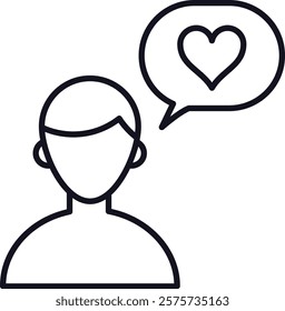 Simple, minimalist line art icon of a person with speech bubble containing a heart, symbolizing love, kindness, affection, romance, positive emotions, and good relationships