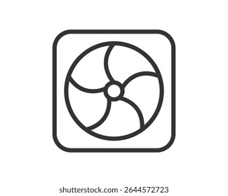Simple minimalist line art icon of a fan or propeller within a rounded square. Ideal for symbolizing cooling, ventilation, or technology. Vector illustration for app or UI design.