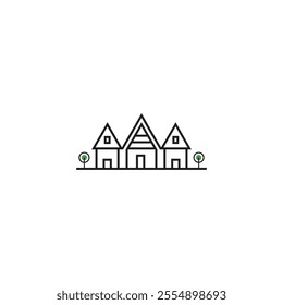 A simple, minimalist line art logo featuring three houses arranged in a row, with small trees on either end. The houses have triangular roofs and simple windows and doors