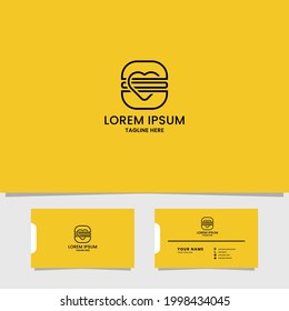 Simple And Minimalist Line Art Love On Burger In Yellow Background With Business Card Template