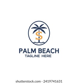 Simple Minimalist Line Art Palm with S Letter and sea wave for Hotel Resort Luxury Logo Design