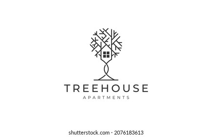 simple minimalist line art tree house logo design