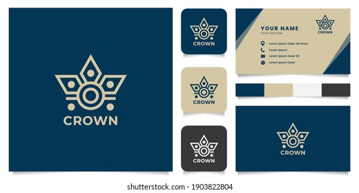 Simple and minimalist line crown logo with icon, color palette, and business card