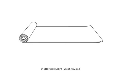 A simple, minimalist line drawing of a rolled-up yoga mat, partially unrolled on a white background. The illustration focuses on the form and shape of the mat.