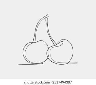 A simple, minimalist line drawing of two cherries, depicting elegance and modern art in a continuous, fluid outline style.