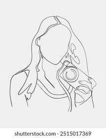 A simple minimalist line drawing of a woman holding a camera, representing photography and creativity in a modern style.