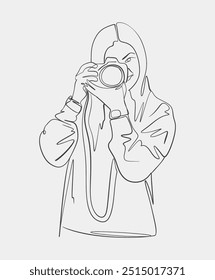A simple minimalist line drawing of a woman holding a camera, representing photography and creativity in a modern style.