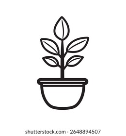 A simple, minimalist line icon features a young plant with leaves growing from a pot. The stark black and white design conveys growth and nature.