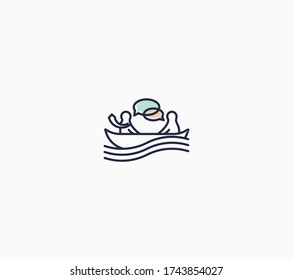 Simple minimalist line illustration with two man sitting on a bot and communicate with each other. Linear style vector design logo template.