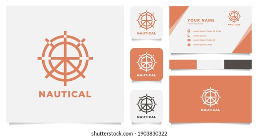 Simple and minimalist line ship's wheel logo with icon, color palette, and business card