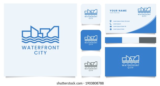 Simple and minimalist line waterfront city logo with icon, color palette, and business card