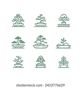 Simple Minimalist Linear Icons Set of Bonsai Trees.