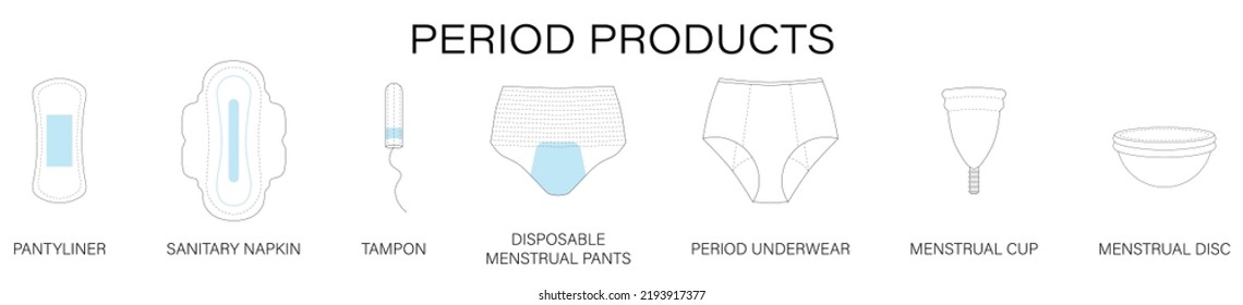 Linealidad minimalista simple de productos de época incluyendo Pantyliner, Napkin Sanitaria, Tampon, Pantalones Menstruales Desechables, Ropa Interior Periódica, Taza Menstrual, Disco Menstrual