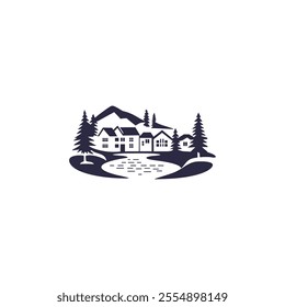 A simple, minimalist logo depicting a small village nestled amidst a picturesque landscape. The scene features several houses, a winding river, evergreen trees