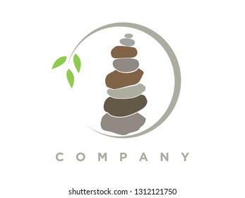 Simple and Minimalist logo design rock balance in leaf circle.