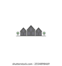 A simple, minimalist logo featuring three houses lined up in a row. Each house is represented by a dark gray silhouette with windows and a door, and there are small green trees on either side