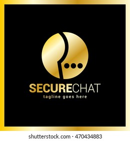 Simple minimalist logotype. Secure and protect chat logo. Man in circle with three dot luxury royal gold metal