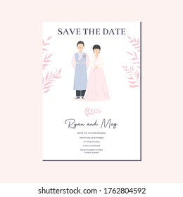 Einfache minimalistische Moderne Cute Wedding Einladung Vorlage mit traditioneller Hanbok Südkorea Hochzeitskleidung, Cute-Paar-Illustration Speichern Sie das Datum Vorlage