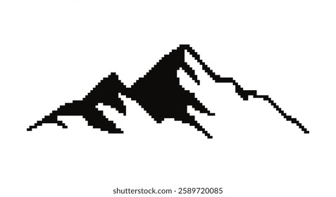 Simple and minimalist mountain logo in pixel style. Pixelated black mountain logo on white background.