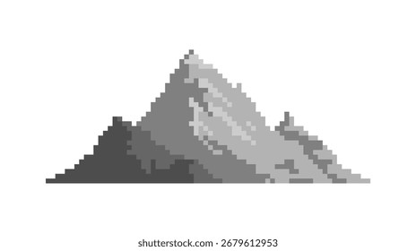Einfaches und minimalistisches Berglogo im Pixel-Stil. Verpixeltes schwarzes Berglogo auf weißem Hintergrund.	