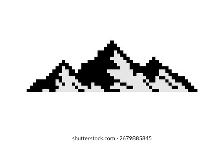 Einfaches und minimalistisches Berglogo im Pixel-Stil. Verpixeltes schwarzes Berglogo auf weißem Hintergrund.	
