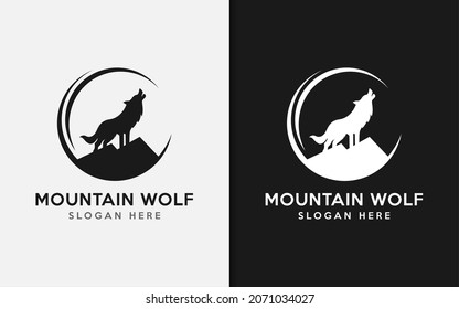 Simple Minimalist Mountain and Wolf Silhouette Logo Design Illustration.