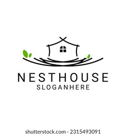 Simple and minimalist nest house logo design with leaf symbol