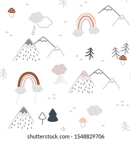 Simple Minimalist Nordic Scandinavian Style Pattern In Forest Theme With Hills, Trees, Toadstools And Rainbows With Clouds And Rains. Cute Unisex Pattern In Gray And Pink Shades For Nursery Prints