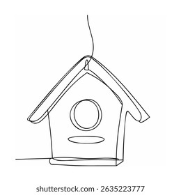 Simple and minimalist one line drawing of a birdhouse isolated on a white background