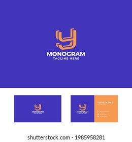 Simple and minimalist orange 3d slant letter Y logo in blue background with business card template