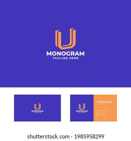 Simple and minimalist orange 3d slant letter U logo in blue background with business card template