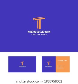 Simple and minimalist orange 3d slant letter T logo in blue background with business card template