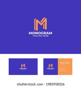 Simple and minimalist orange 3d slant letter M logo in blue background with business card template